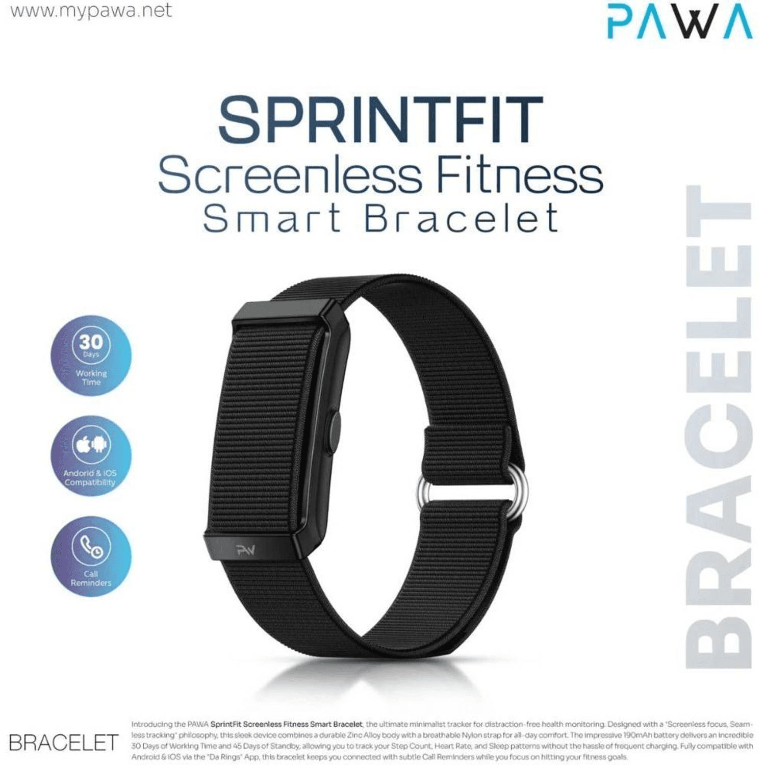 Pawa SprintFit Screenless Fitness Smart Bracelet , Black - Hover