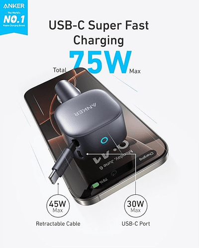 Anker 75W USB-C Car Charger With Built-In Retractable Usb-C Cable , Gray