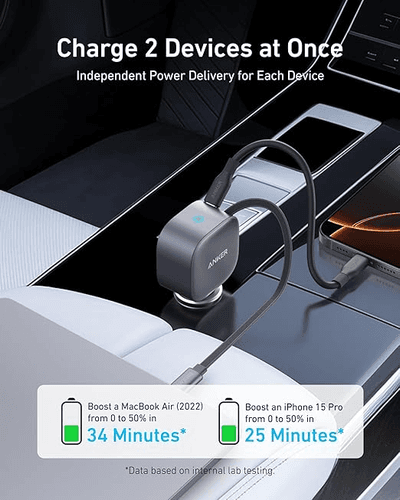 Anker 75W USB-C Car Charger With Built-In Retractable Usb-C Cable , Gray